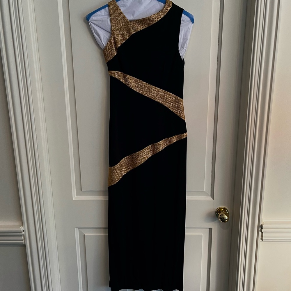 Vintage Asymmetrical Black and Gold Evening Gown